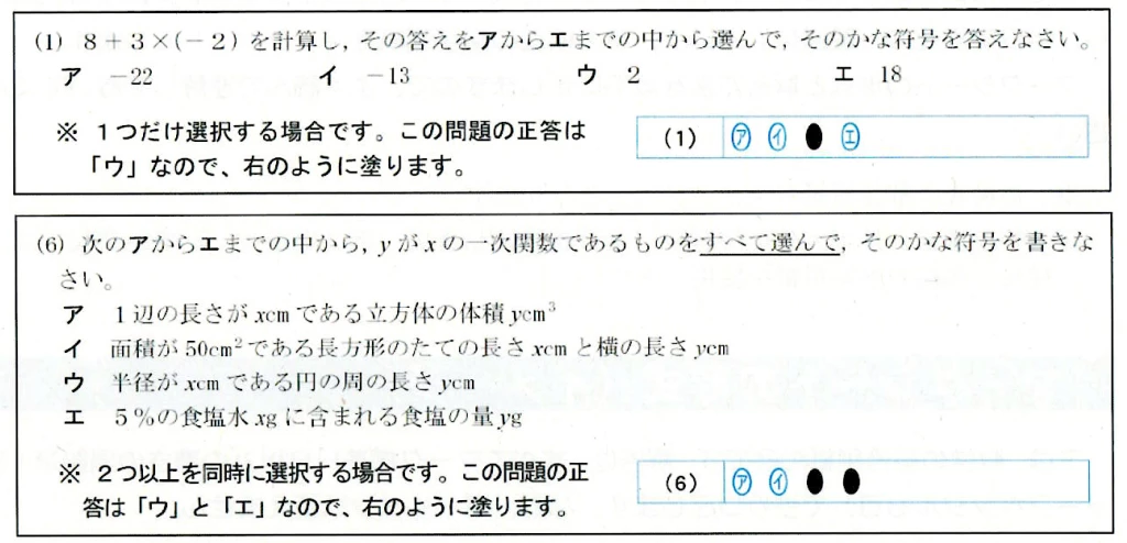 愛知県公立高校マークシート　数学　符号選択式の解答例